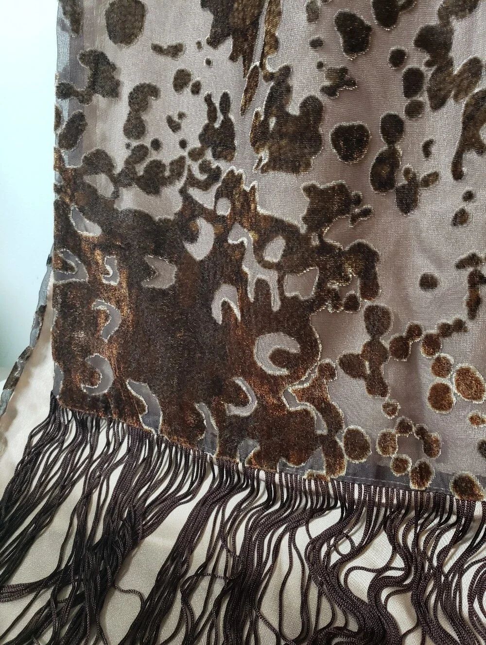 Nanette Lapore Brown Grey Burnout Velvet Abstract Animal Long Fringe Scarf Wrap